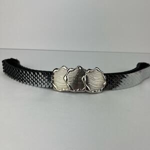 VTG 90s Y2K Stretch Elastic Belt Fish Scale Silver Tone Metal Seashell Buckle S